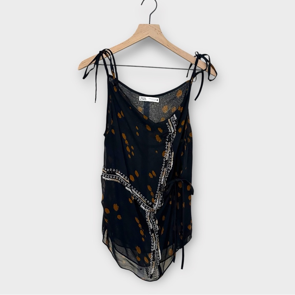 Zara Black Sheer Tie-Shoulder Tank with Gold Dot Print